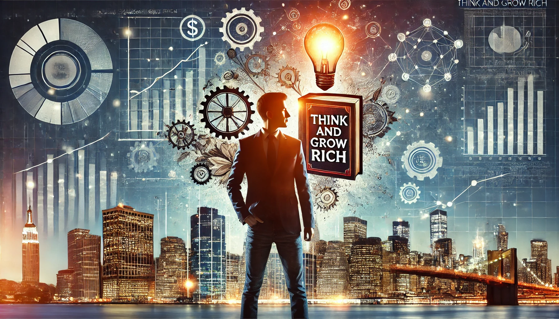 Secrets of think and grow rich Dynamic artwork of a confident person holding a book titled 'Think and Grow Rich' with elements of success like graphs, gears, and a lightbulb, set against a cityscape.