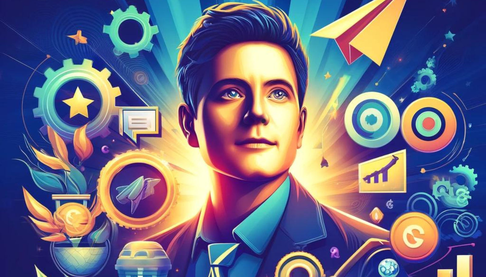 An elegant image featuring elements representing different elements of Russell Brunson's life.