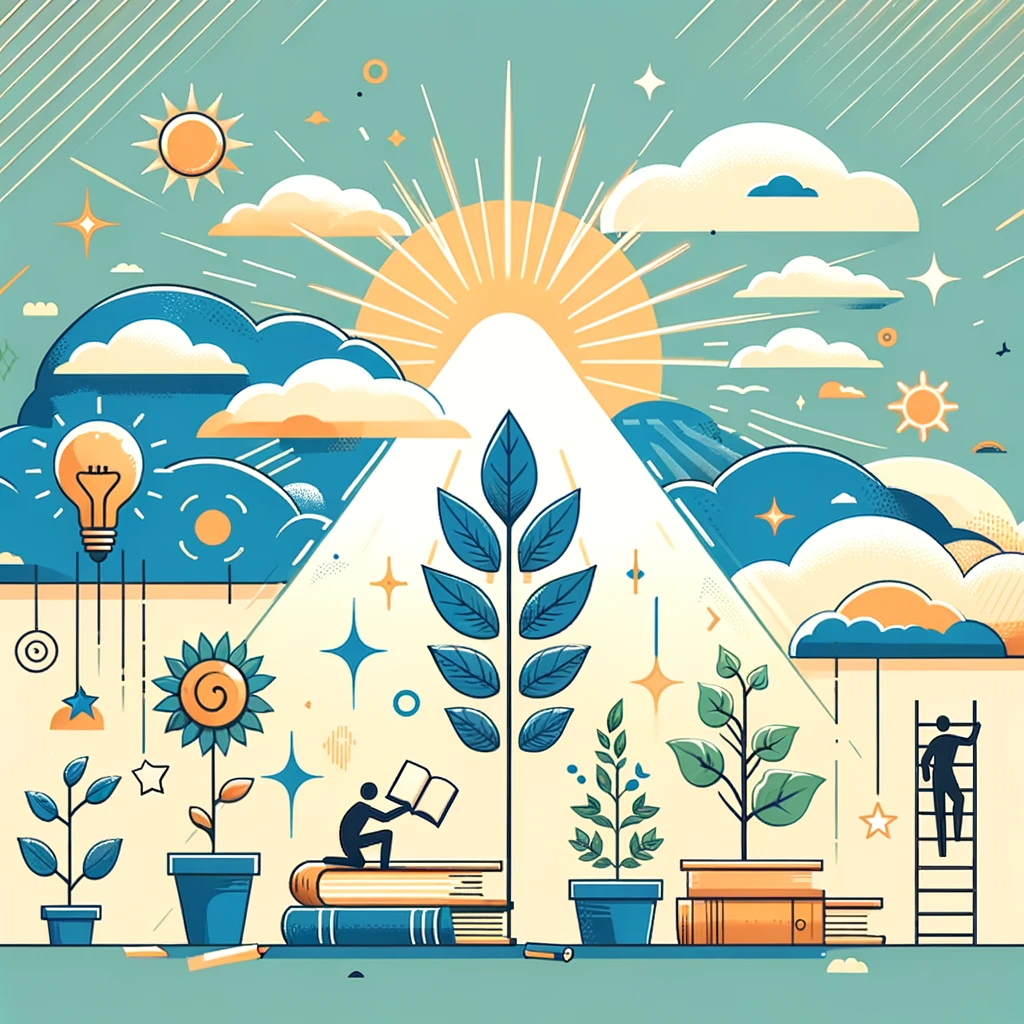 An uplifting image with a sunrise, books, a growing plant, and a person climbing a staircase, symbolizing growth, learning, and personal improvement.