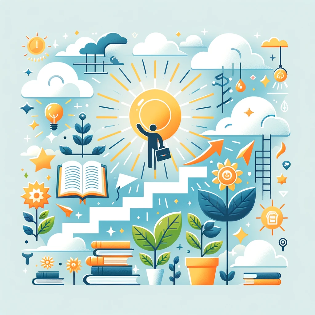 An uplifting image with a sunrise, books, a growing plant, and a person climbing a staircase, symbolizing growth, learning, and personal improvement.