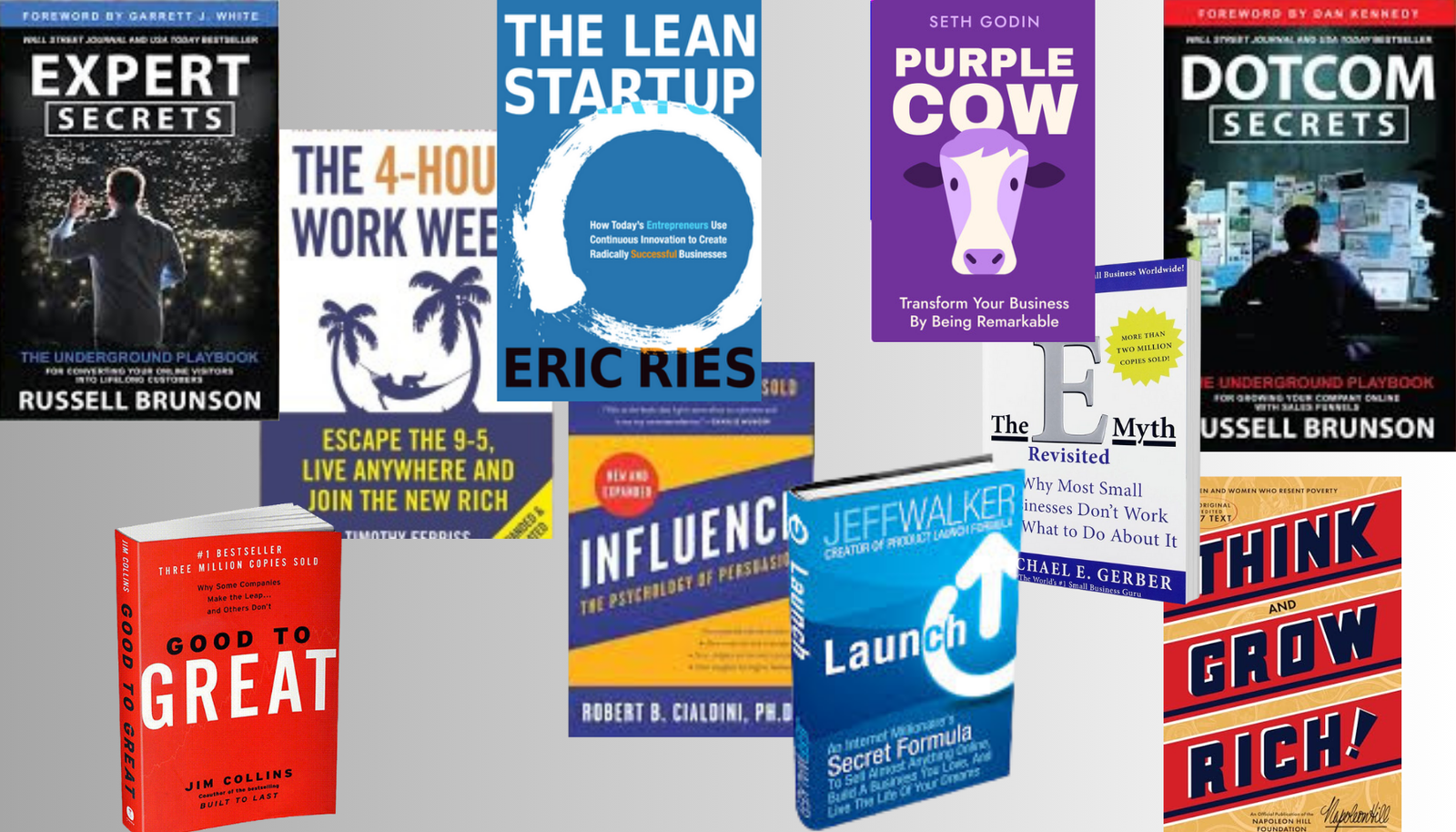 An engaging image featuring books recommended by Russell Brunson, including "Expert Secrets," "DotCom Secrets," "Think and Grow Rich," "Influence," "The E-Myth Revisited," "Launch," "Good to Great," "The 4-Hour Workweek," "Purple Cow," and "The Lean Startup."