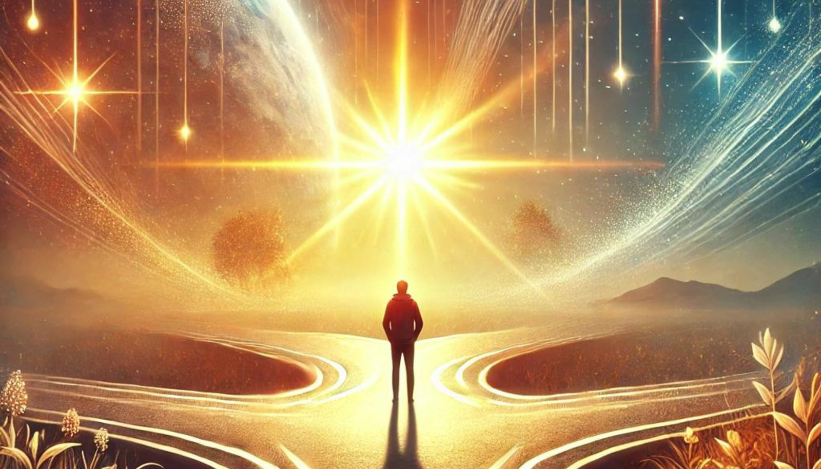 An inspiring digital artwork of a person standing at a crossroads, looking at a clear path towards a bright future, symbolizing the power of clarity in achieving personal and professional success.
