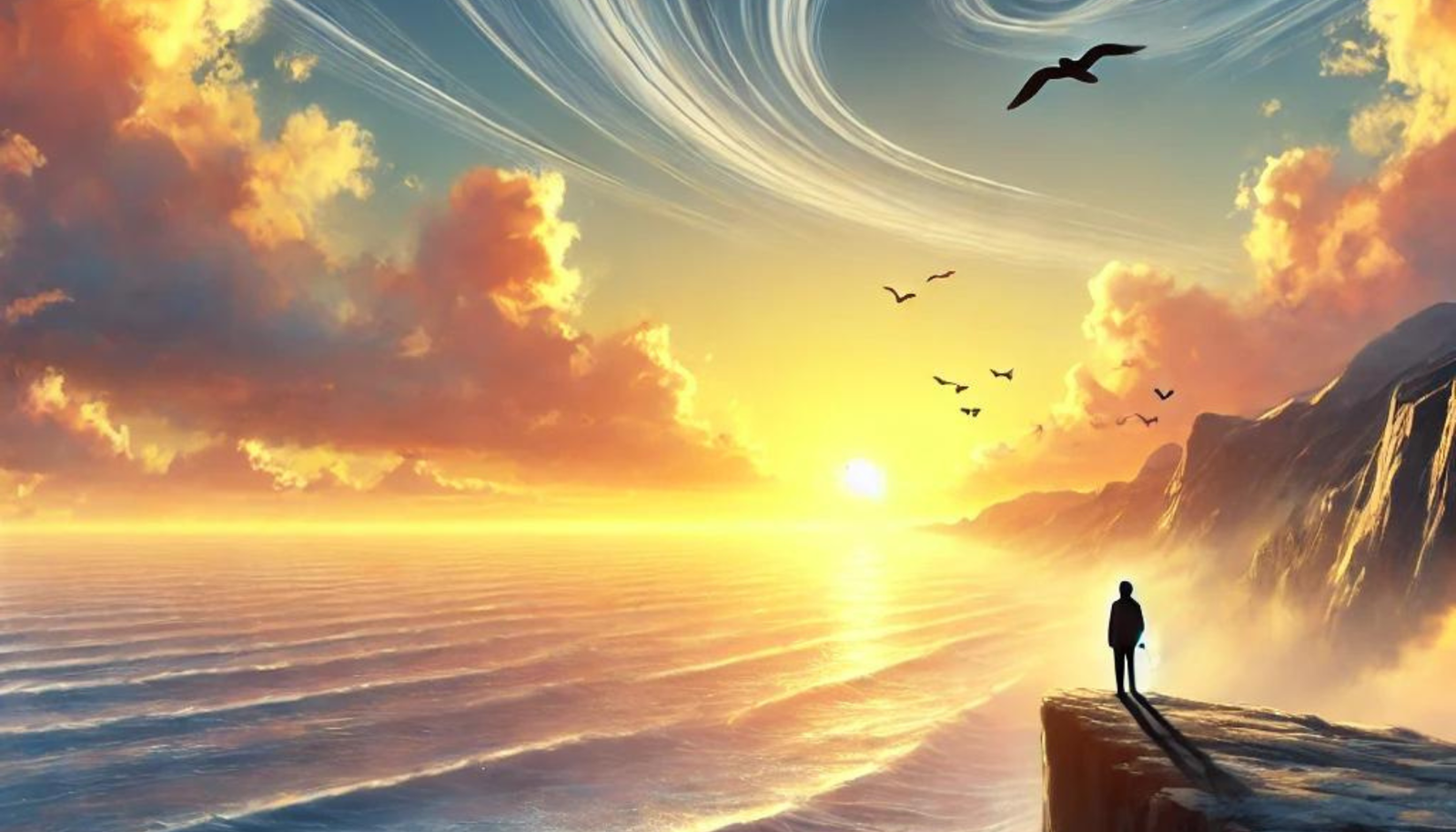 An inspiring digital artwork depicting a successful and happy individual standing on a mountaintop, looking out over a beautiful landscape with a sunrise.