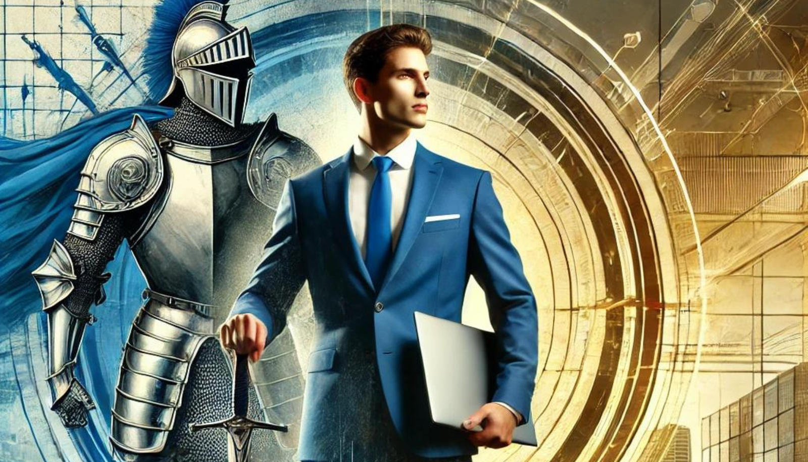 A dynamic digital artwork depicting a modern-day warrior with a sword, symbolizing strength, resilience, and determination in a contemporary setting.