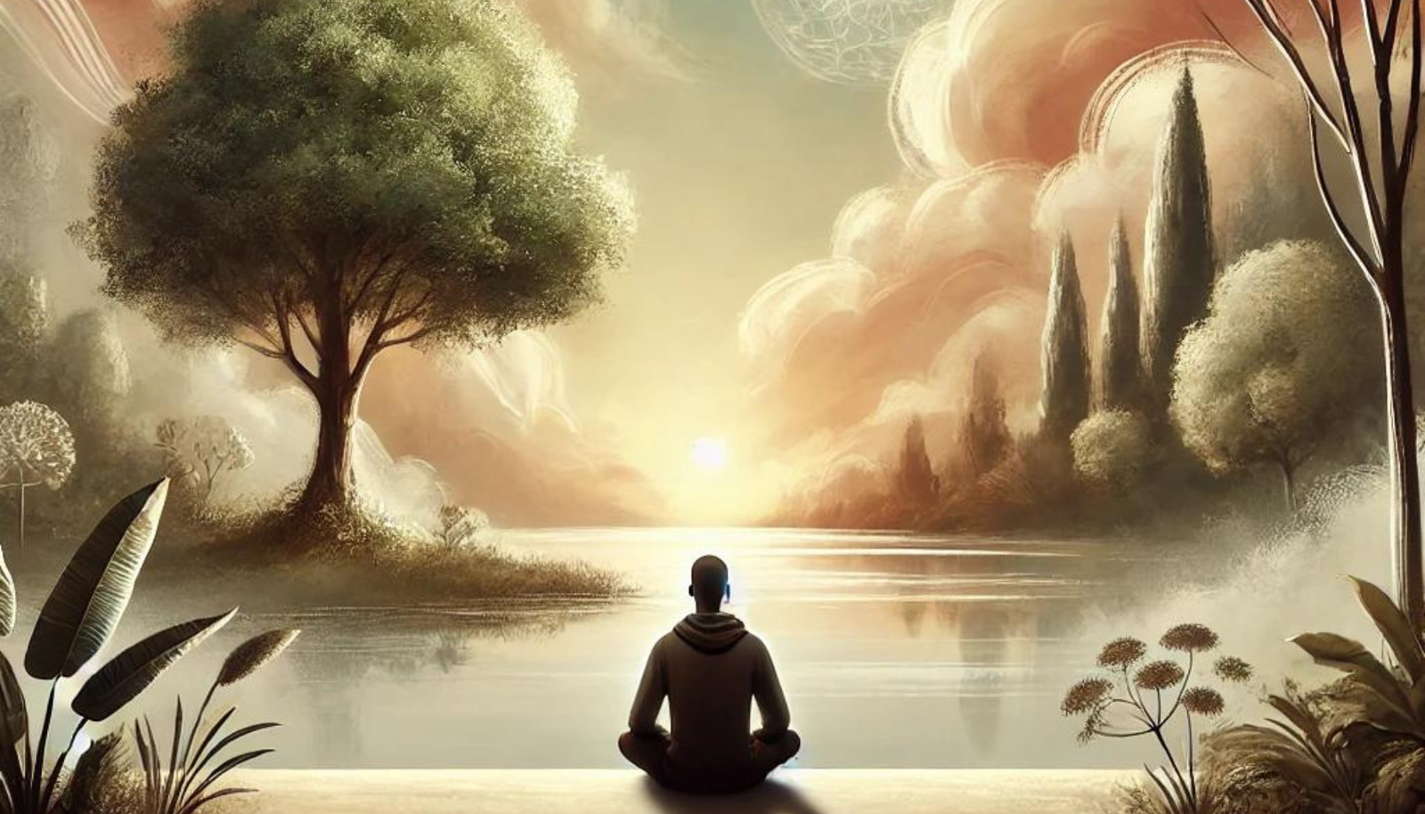 An inspiring and serene digital artwork depicting a person deep in thought, surrounded by a calm and peaceful environment with elements of nature.