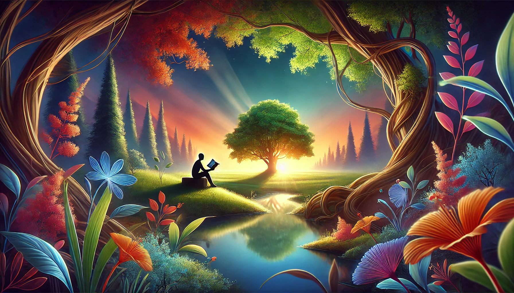 DALL·E 2024-07-25 11.08.44 – A serene and inspiring digital artwork depicting a person reading a book about positive mindset in a peaceful, nature-filled environment with vibrant A serene and inspiring digital artwork depicting a peaceful landscape with a sunrise, symbolizing the power of a positive mindset and new beginnings.