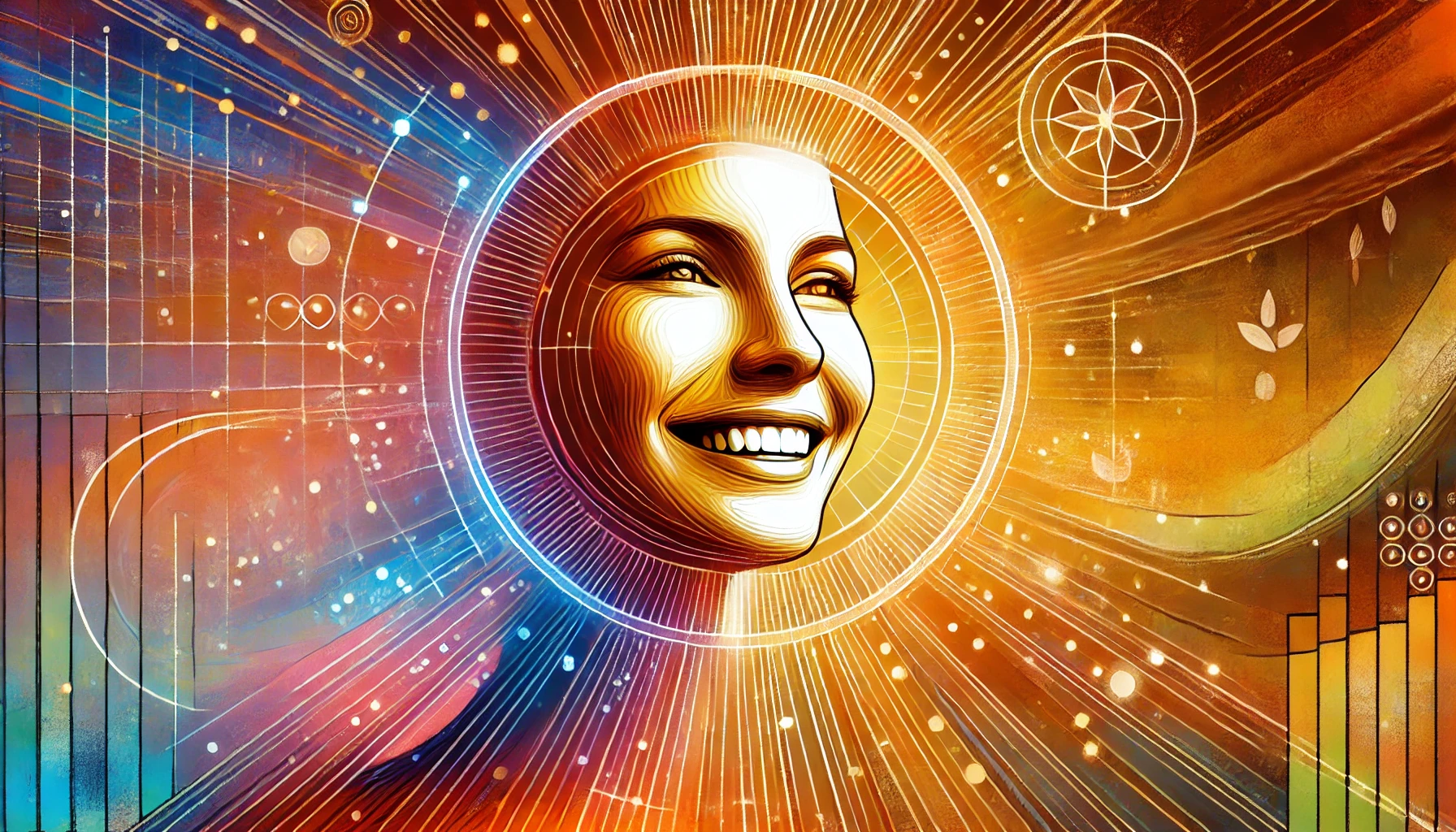 Vibrant Positivity and New Beginnings A vibrant digital artwork depicting a smiling person radiating happiness and positivity, with a background featuring warm colors and symbols of a fresh start.
