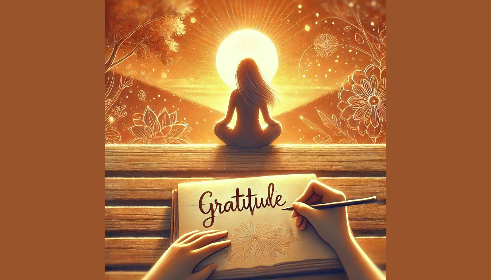 A serene and inspiring digital artwork showing a person practicing gratitude, perhaps writing in a gratitude journal, with a warm and peaceful background that evokes feelings of positivity and calm.