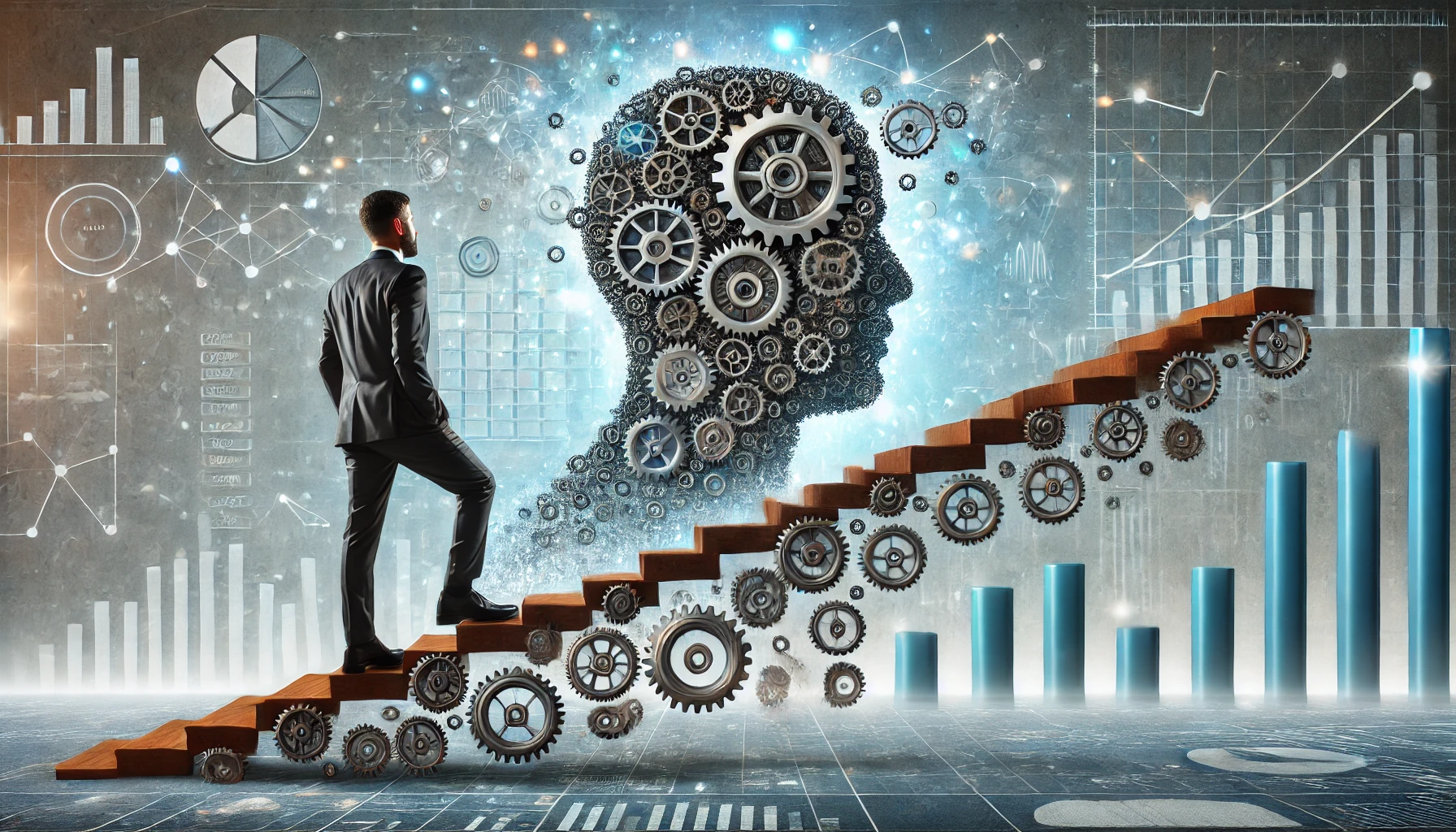 A man walking up stairs looking at the cogs in his brain signifying growth