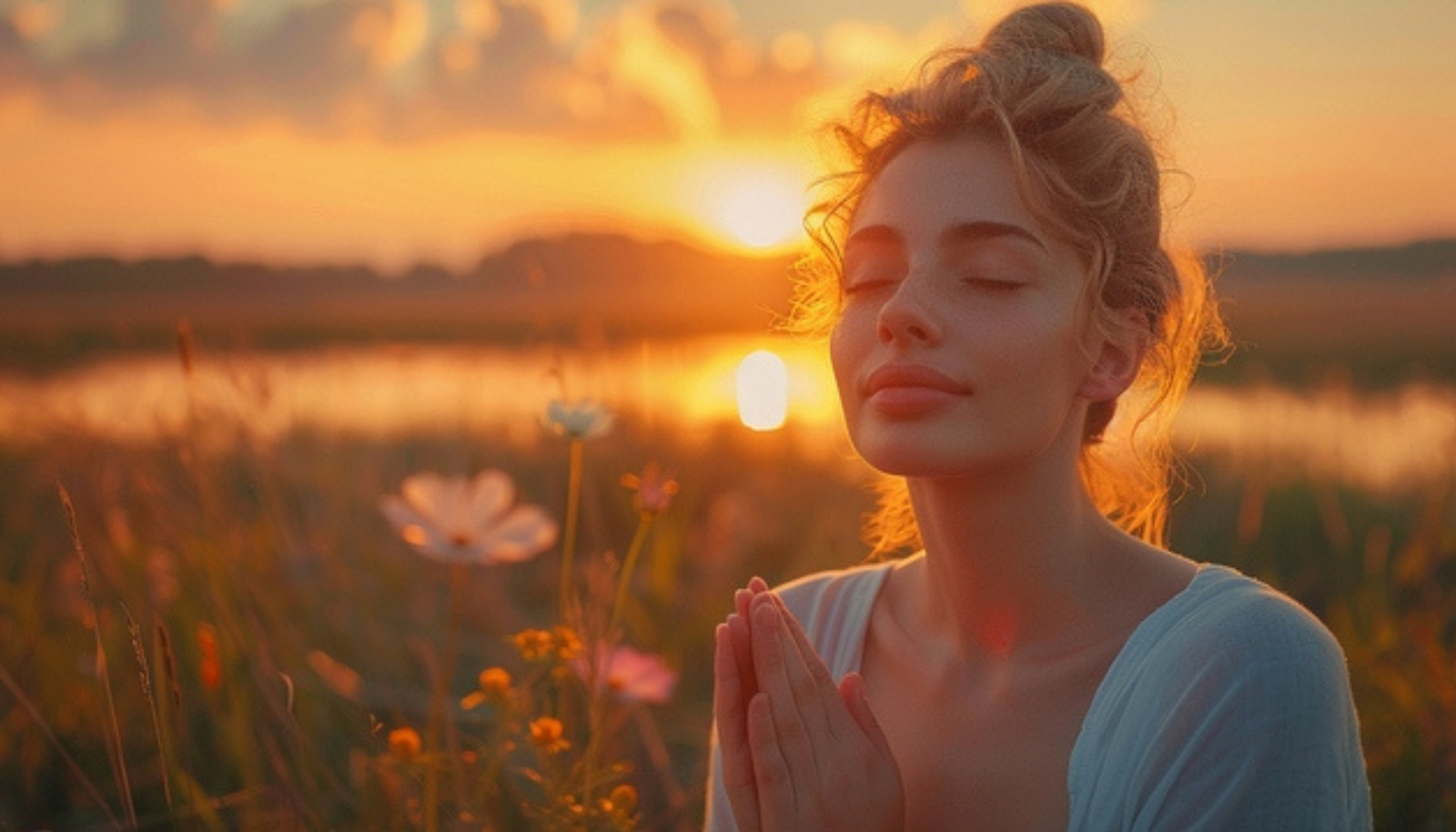 staying positive in challenges Serene image of a woman sitting in gratitude with sunset in background