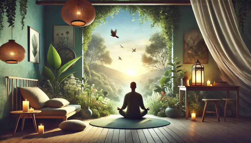 A person sitting in a peaceful environment, practicing mindfulness or meditation. The background features soft natural light, greenery, and soothing colors, symbolizing tranquility and mental clarity, creating a calm and serene atmosphere.
