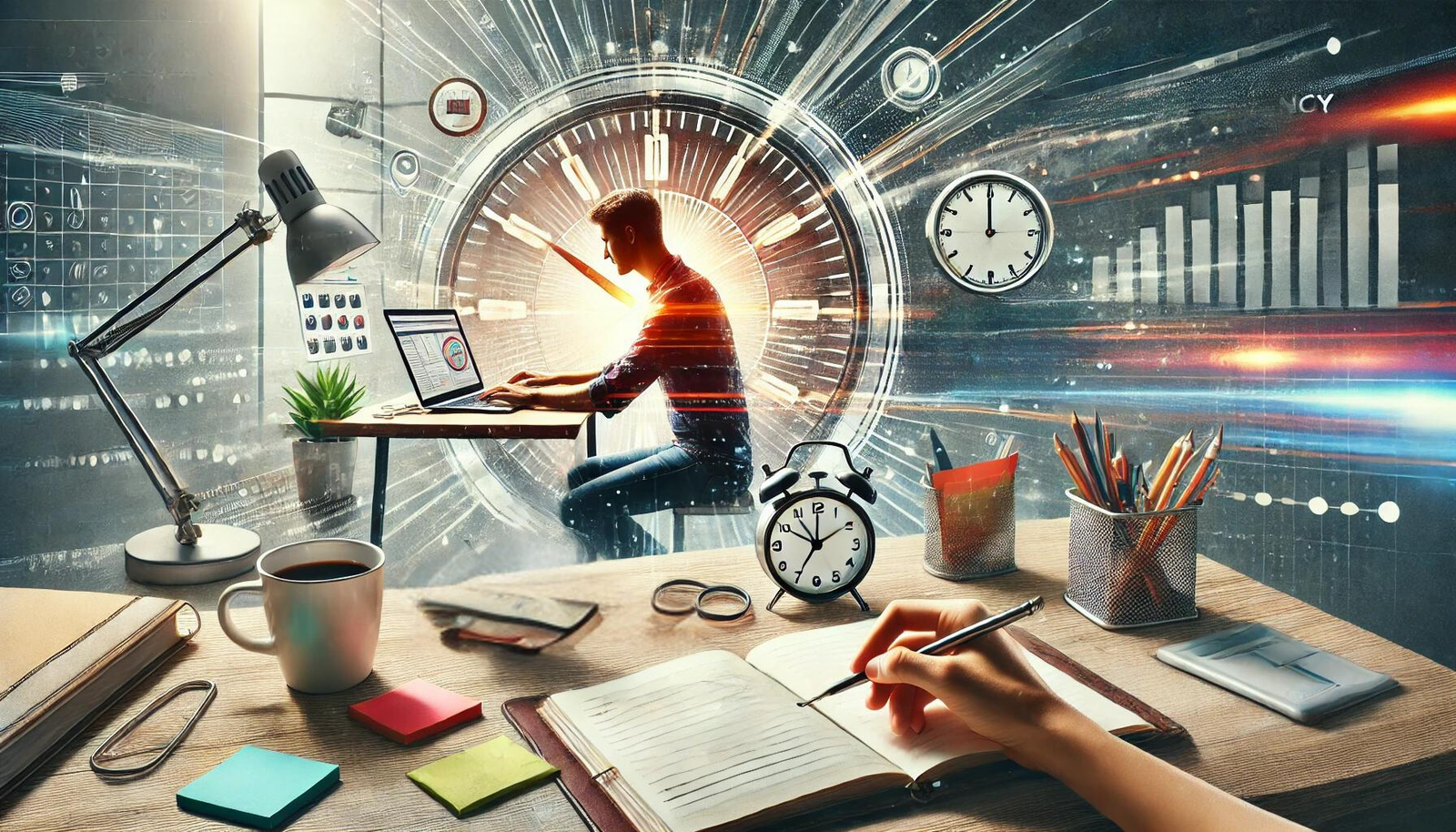 boost efficiency A modern workspace with a person actively working at a desk, surrounded by organized tools like a laptop, planner, sticky notes, and a cup of coffee. A digital clock in the background emphasizes time management and efficiency, representing a busy professional's streamlined workflow.