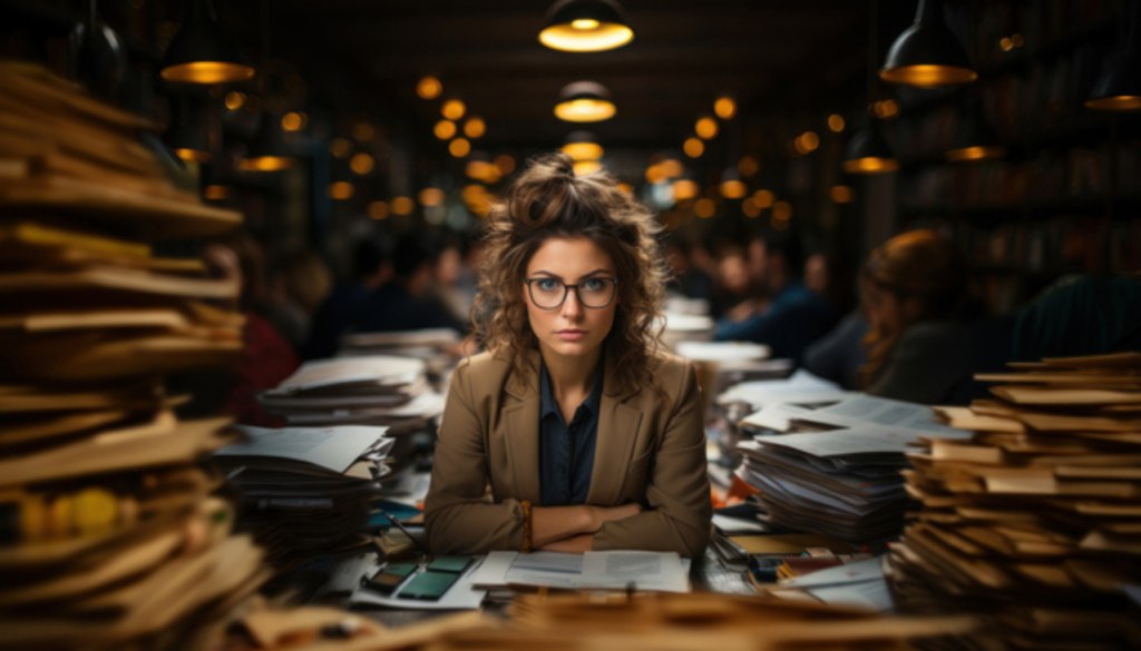 Portrait of a young exhausted businesswoman sitting at the table in the library.