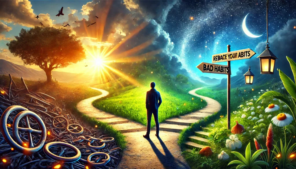 A person standing before two doors, one leading to a bright, green environment symbolizing positive habits, and the other to a dark space representing bad habits. The person is reaching toward the door of positive change, with symbols of old habits left behind.