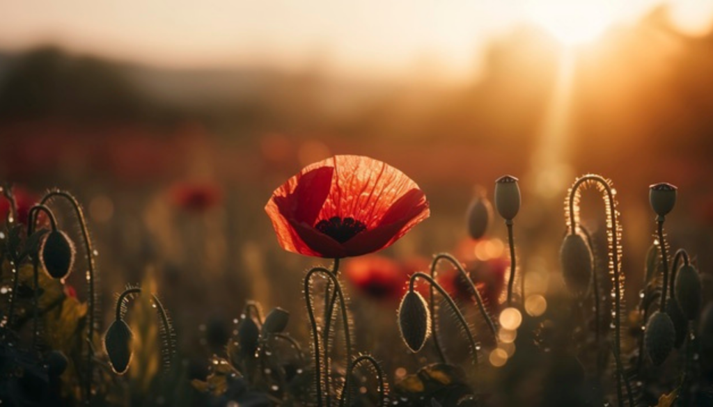 A stunning photo captures the golden hour in a field of radiant red poppies, symbolizing the beauty, resilience, and strength of nature