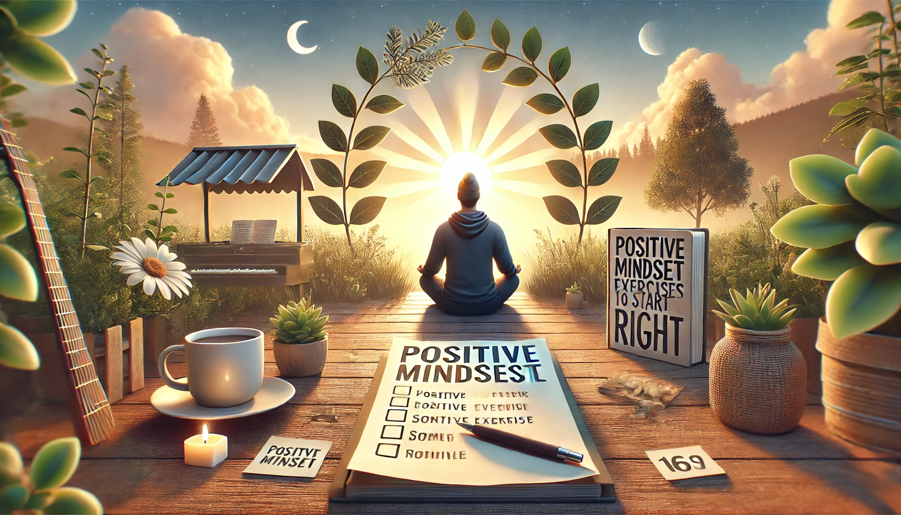 positive mindset exercises A serene digital artwork showing a person in a peaceful morning setting, practicing positive mindset exercises to start the day right with a sunrise, a journal, a cup of coffee, and nature in the background
