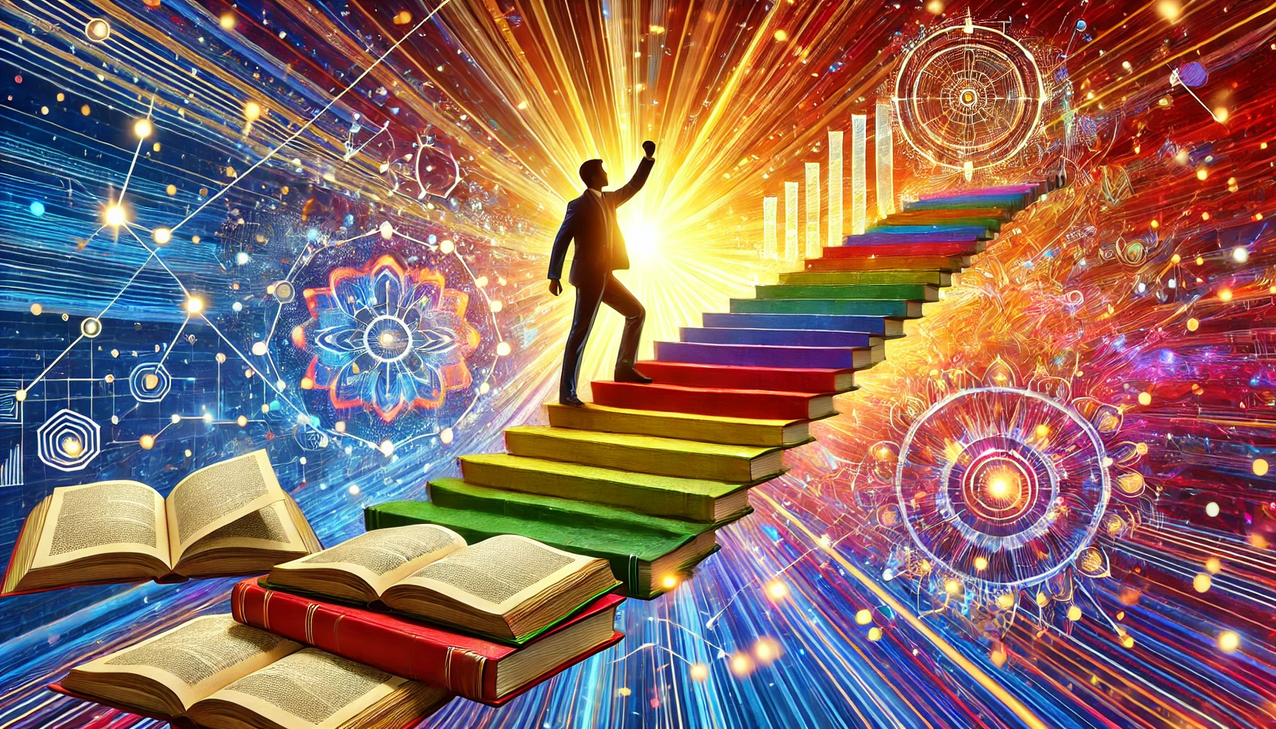 A vibrant digital artwork depicting a person confidently walking towards a bright horizon, symbolizing the connection between a positive mindset and success.