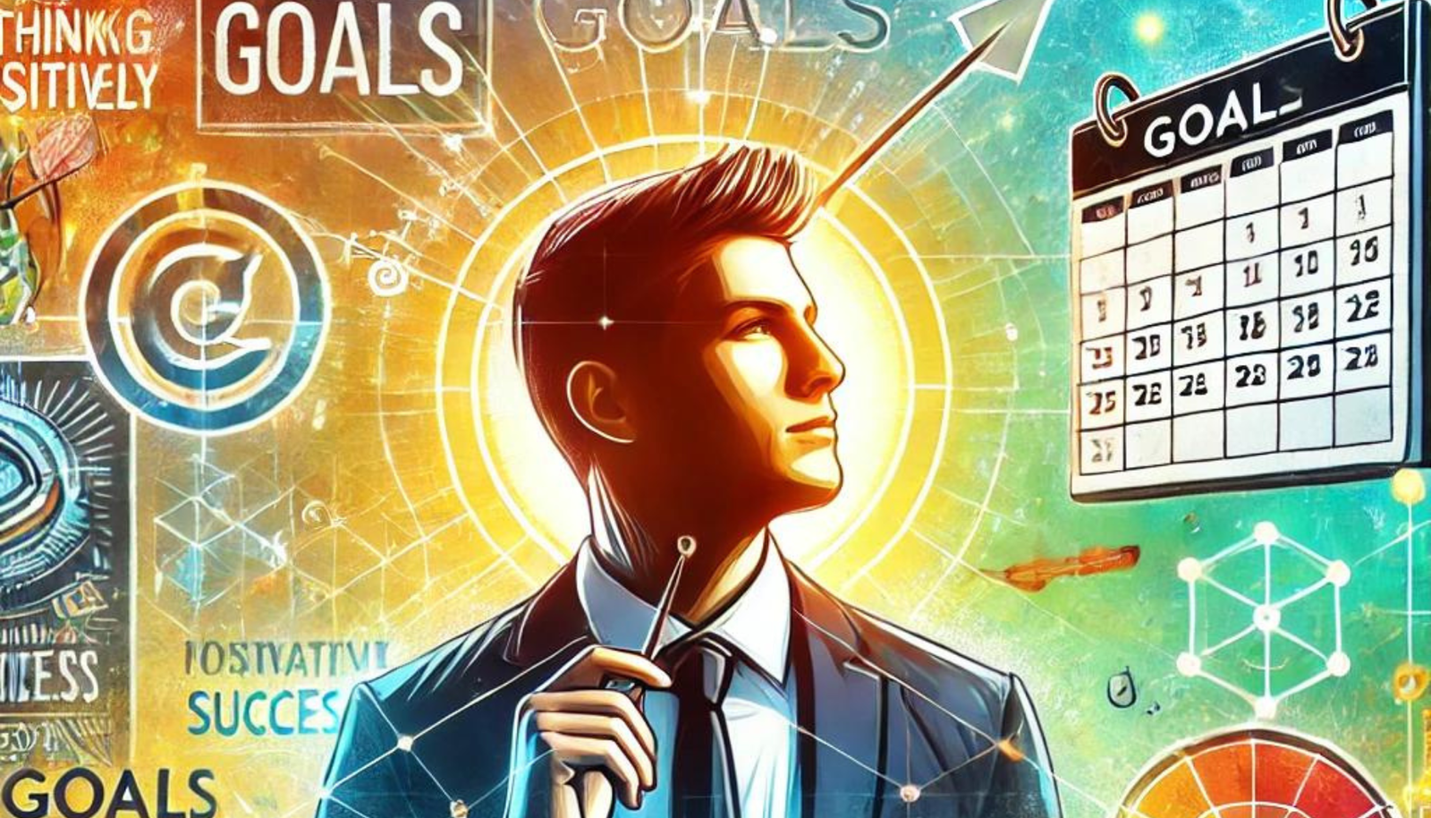 positive thinking and goals Person confidently setting goals, surrounded by a vibrant and inspiring environment, symbolizing the power of positive thinking.