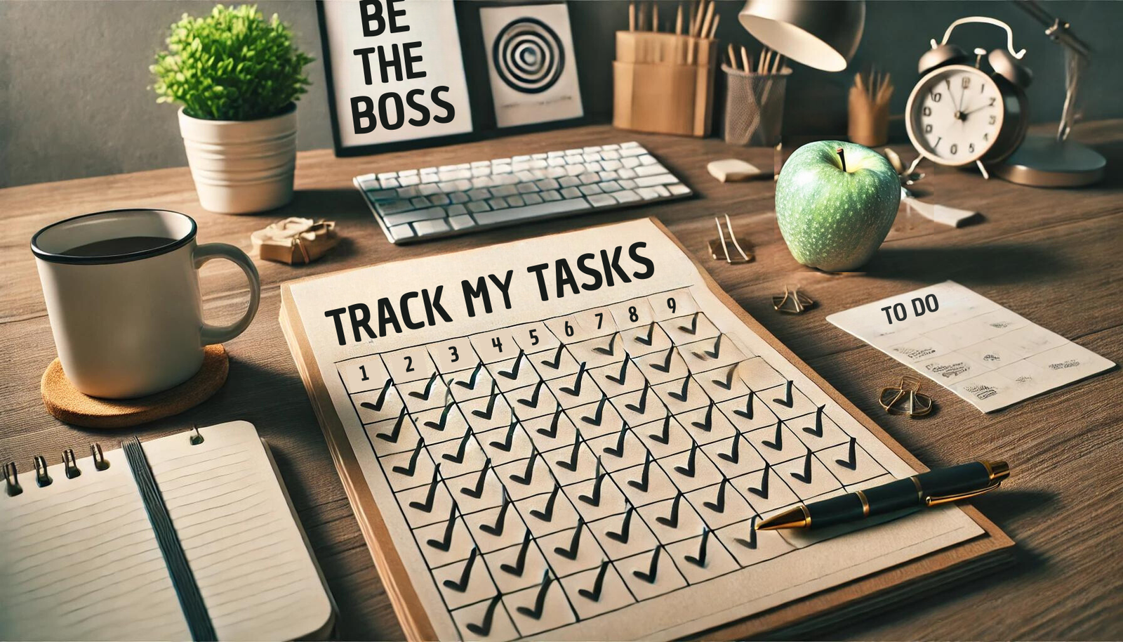 A close-up of a habit tracker or calendar with checkmarks indicating daily consistency, with a tidy workspace in the background featuring a notebook, a cup of coffee, and a small plant.