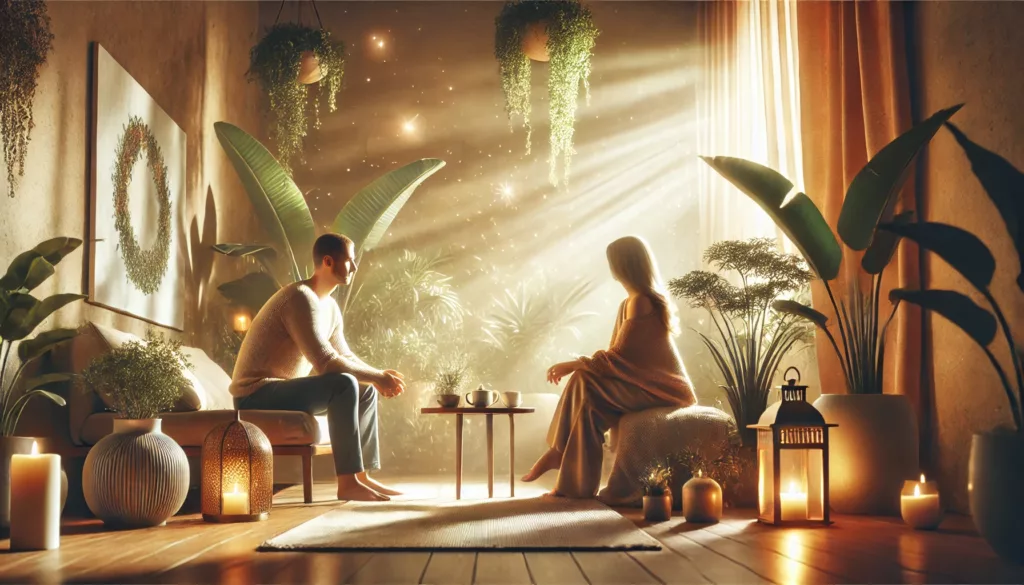 Two people sitting together in a serene, cozy environment, sharing a meaningful conversation. The background includes soft natural lighting, plants, and a warm atmosphere, symbolizing trust and emotional connection.
