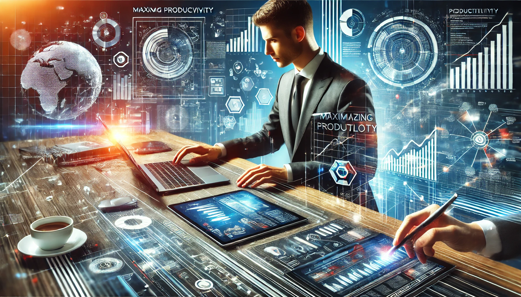 productivity and technology A modern workspace with a person using multiple devices, including a laptop, tablet, and smartphone, seamlessly integrated with digital charts and productivity apps on the screens. The scene symbolizes the use of technology to enhance productivity and efficiency.