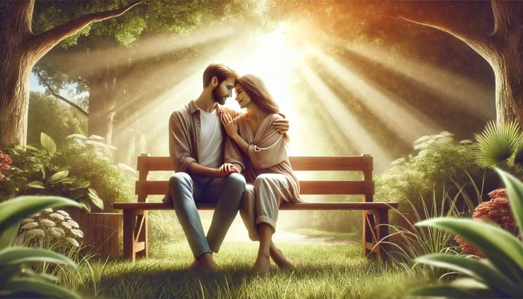 Two people sitting together on a bench in a peaceful outdoor setting, holding hands or embracing with gentle smiles. The background includes lush greenery and soft sunlight filtering through the trees, evoking feelings of love and tranquility.