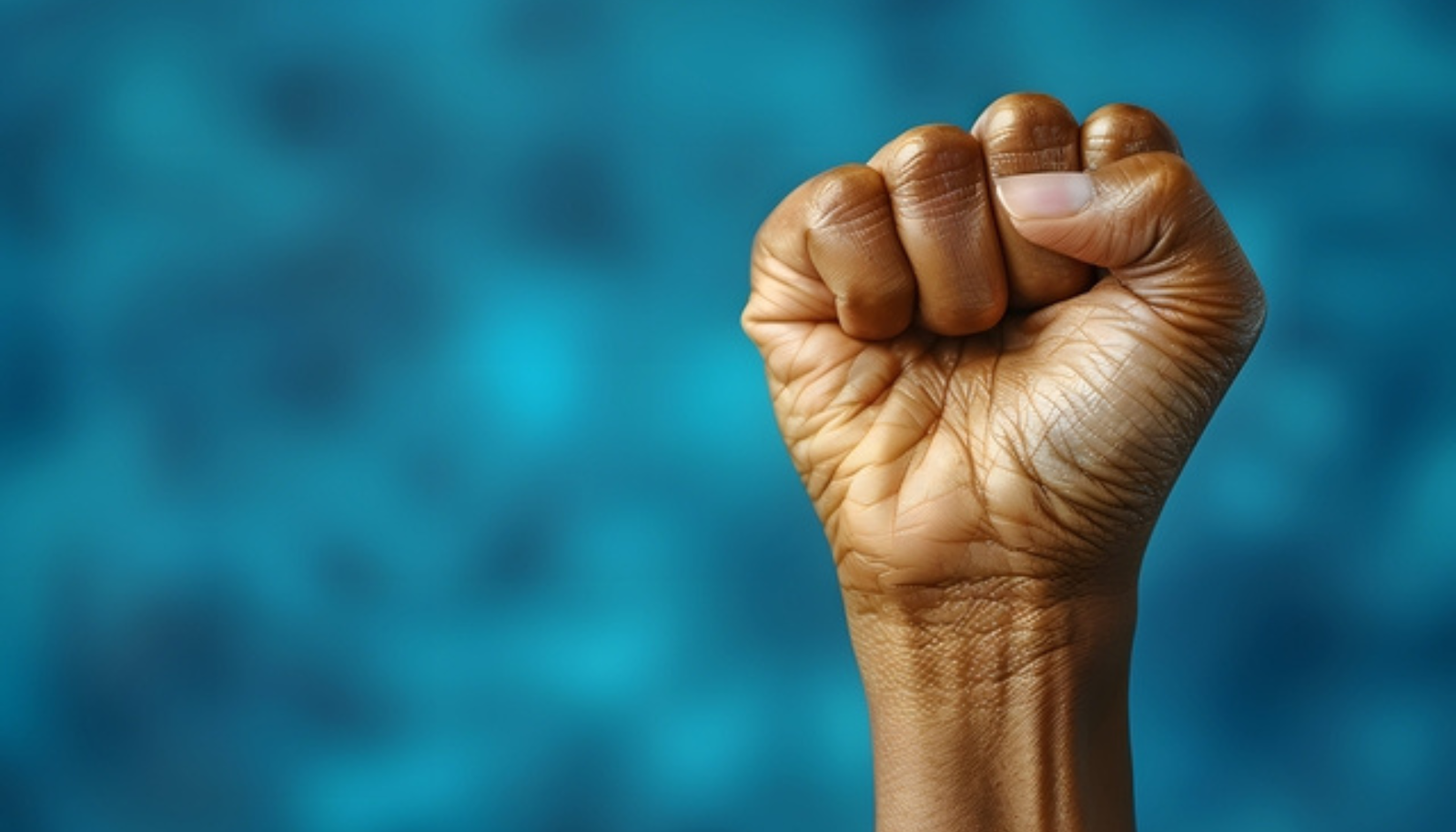 resilience Power and Strength - Close-Up of a Raised Fist in Front of Blurred Blue Background
