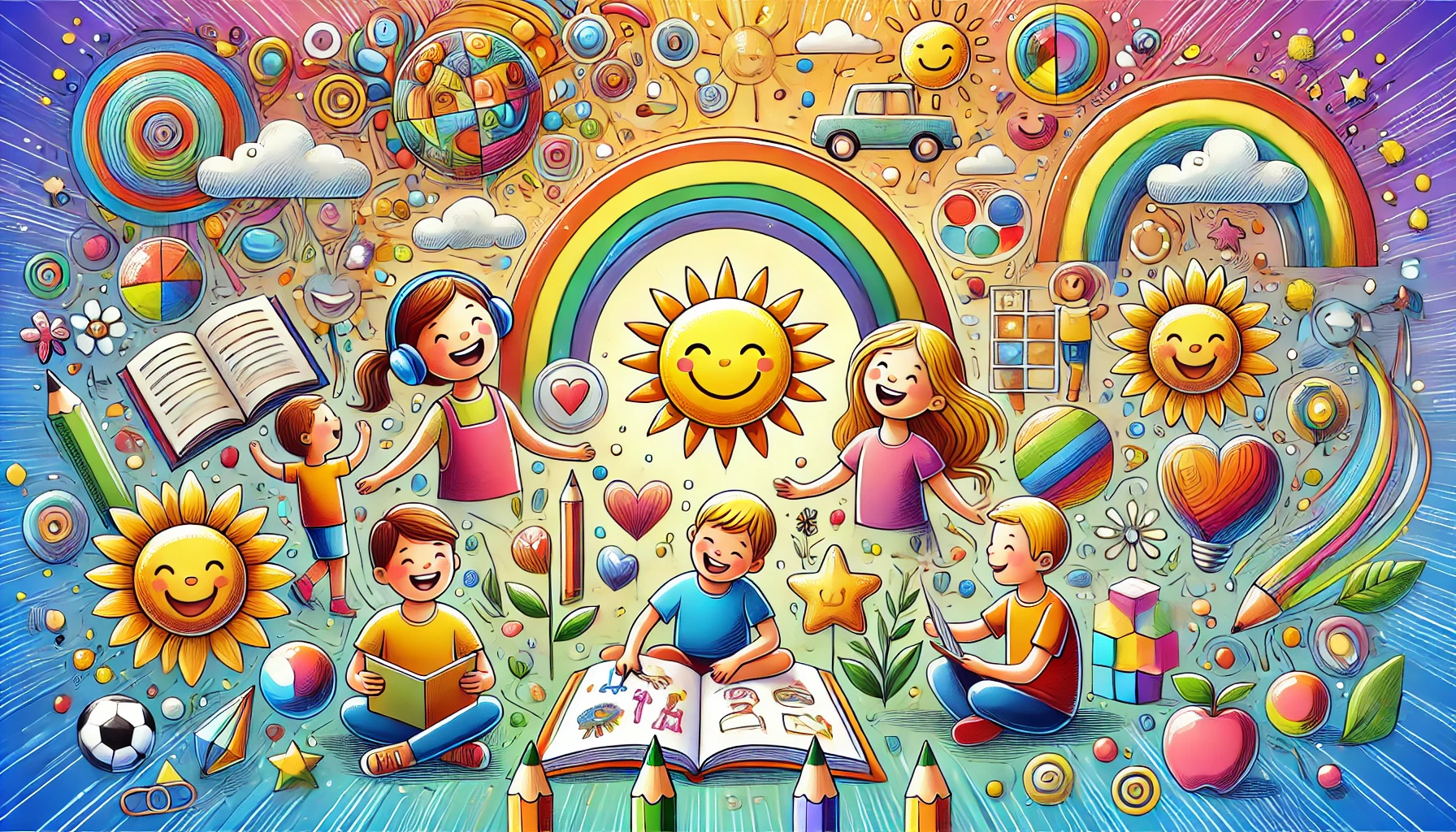 teaching children positive mindset An inspiring and colorful digital artwork showing children happily engaged in activities such as reading, drawing, and playing together, with bright and cheerful elements like sunshine, rainbows, and smiling faces, symbolizing the power of positive thinking.