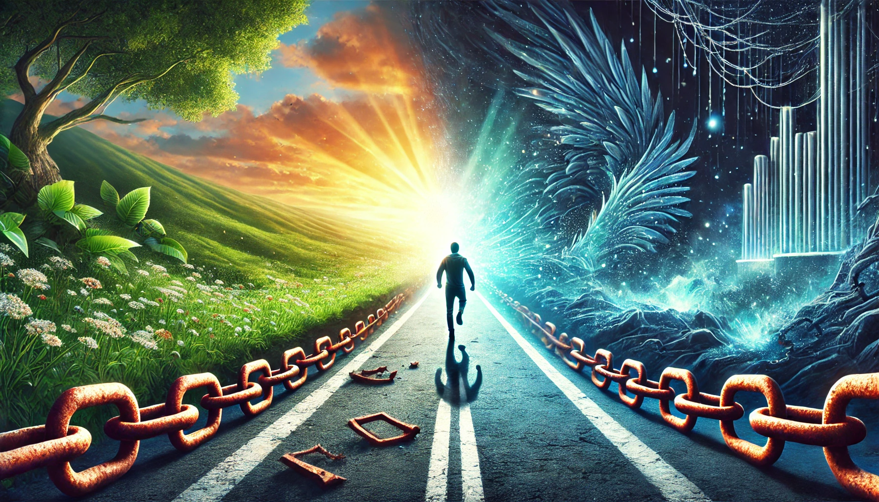 A person standing at a crossroads, with one path leading to a bright, vibrant landscape symbolizing positive habits, and the other path leading to a dark, desolate area representing bad habits. The person is choosing the path toward positivity, leaving symbols of old habits behind.