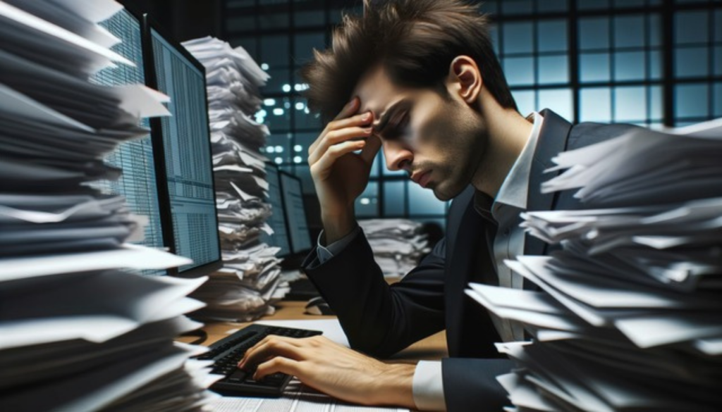 Stressed office worker looking at multiple computer screens with stacks of papers.