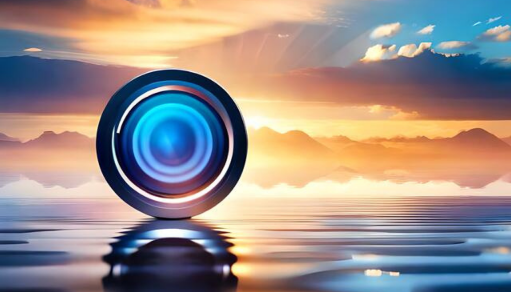 a camera lens on top of a body of water.