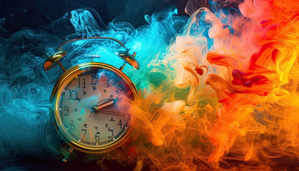 Clock surrounded by multi colour smoke