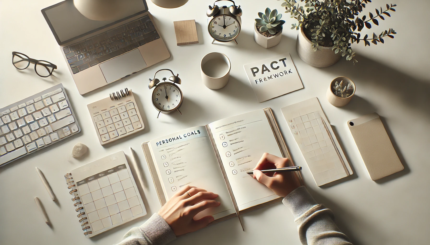 A minimalistic workspace with a person writing in a planner, listing a few personal goals. The desk is simple, featuring only a pen and a cup of coffee, symbolizing focus and clarity in goal setting.