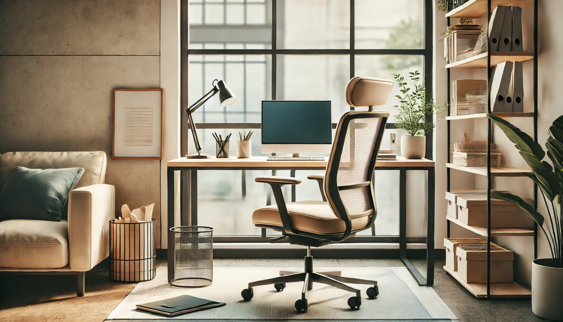 Productive work environment A clean and organized workspace with a well-lit desk, featuring a laptop, notepad, ergonomic chair, and a small plant. The workspace is clutter-free, with natural light from a nearby window brightening the area, creating a productive and comfortable environment.