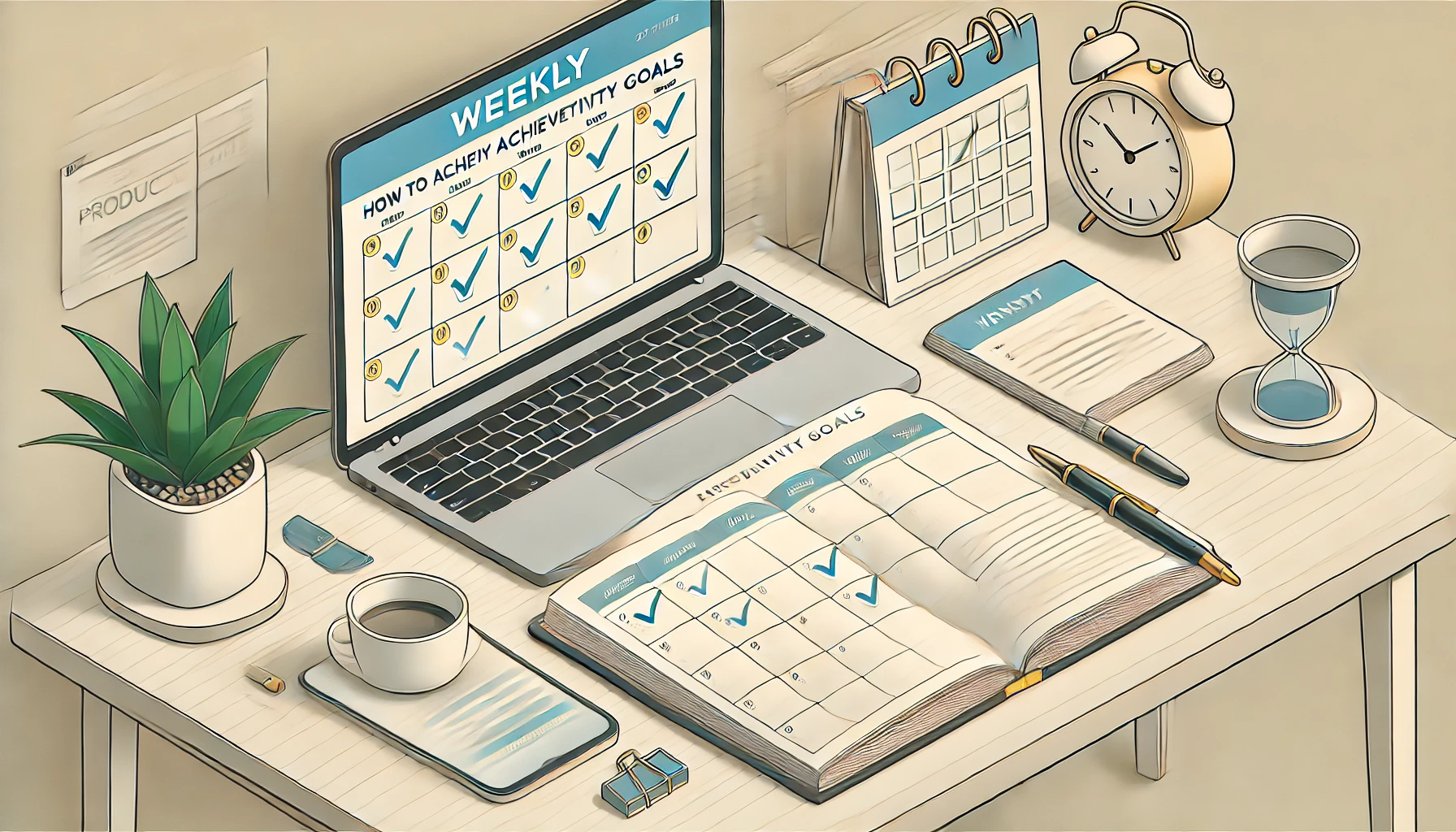 A clean and organized workspace with a digital planner showing a weekly schedule, where tasks are checked off as completed. The desk includes a laptop, a pen, and a cup of coffee, symbolizing focus and productivity.