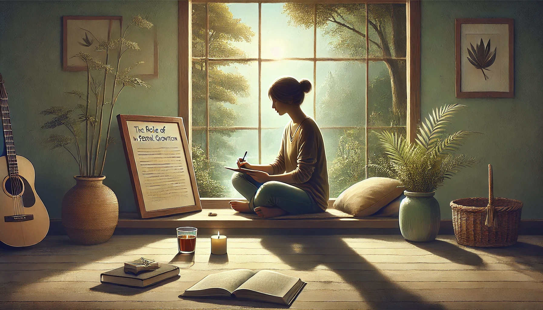 self reflection A serene scene of a person sitting calmly by a window, reflecting and writing in a journal in a peaceful environment. The workspace includes simple elements like a notebook, cup of tea, and candle, symbolizing self-reflection and personal growth.