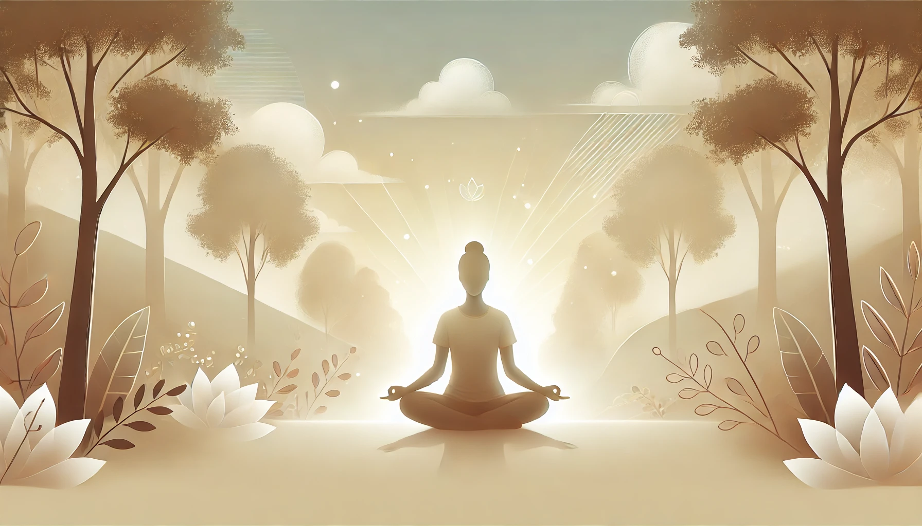 Mindfullness Calming illustration of a person sitting cross-legged in a meditative pose in a tranquil outdoor setting, surrounded by trees and soft sunlight.