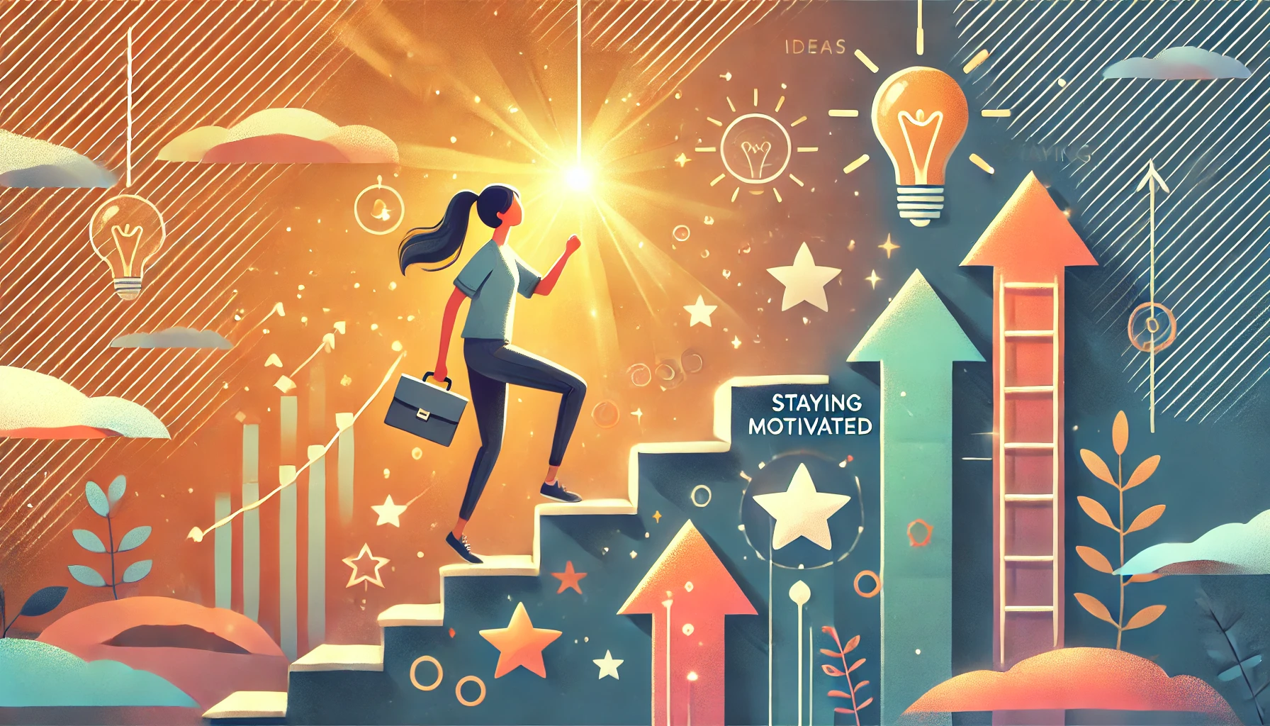 fuel your growth Illustration of a person climbing a staircase, symbolizing motivation and progress on a personal development journey, surrounded by symbols of growth like stars and upward arrows.