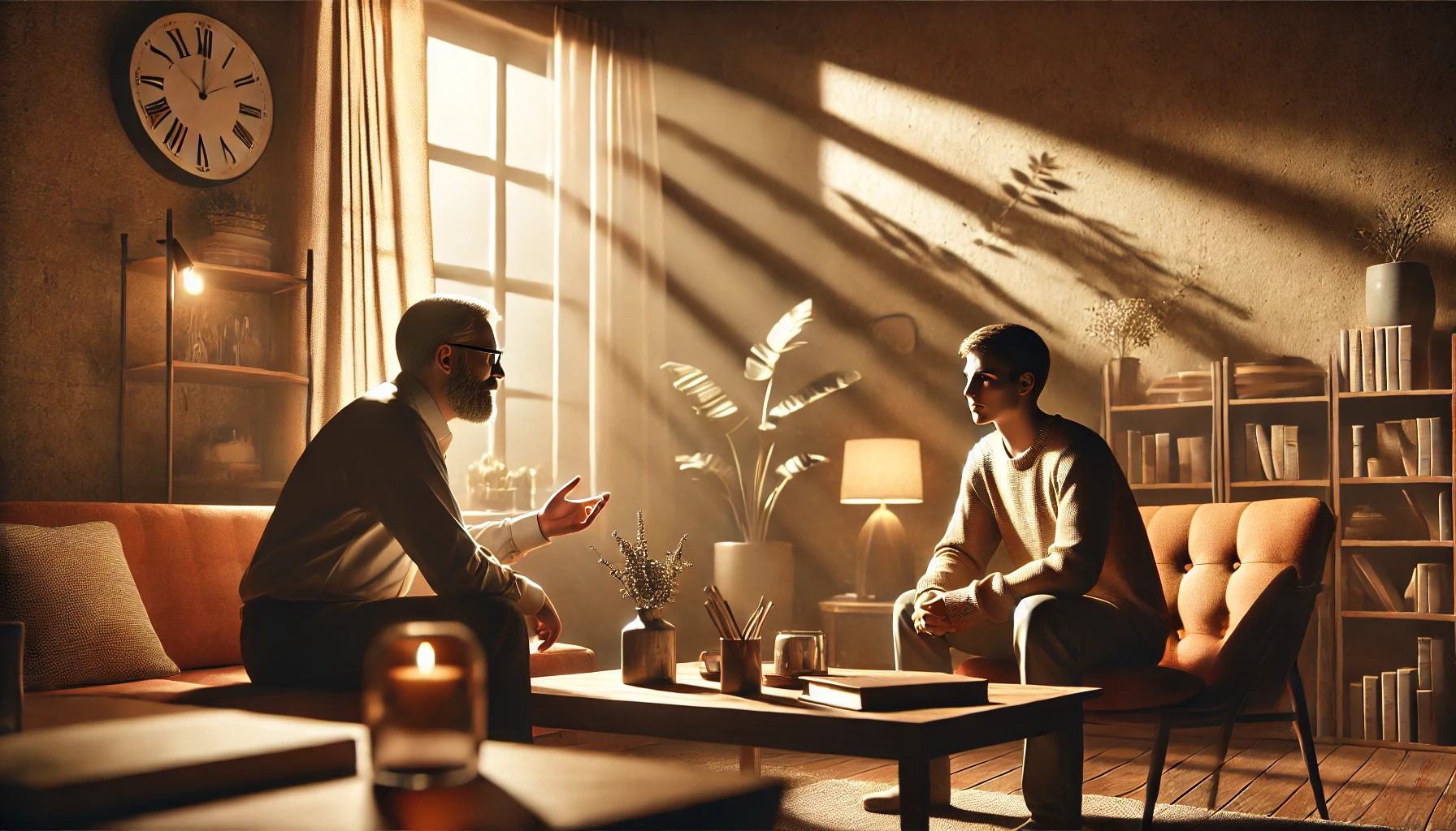 Realistic image of a mentor and mentee sitting together in a cozy, well-lit setting, engaged in meaningful conversation about personal growth.