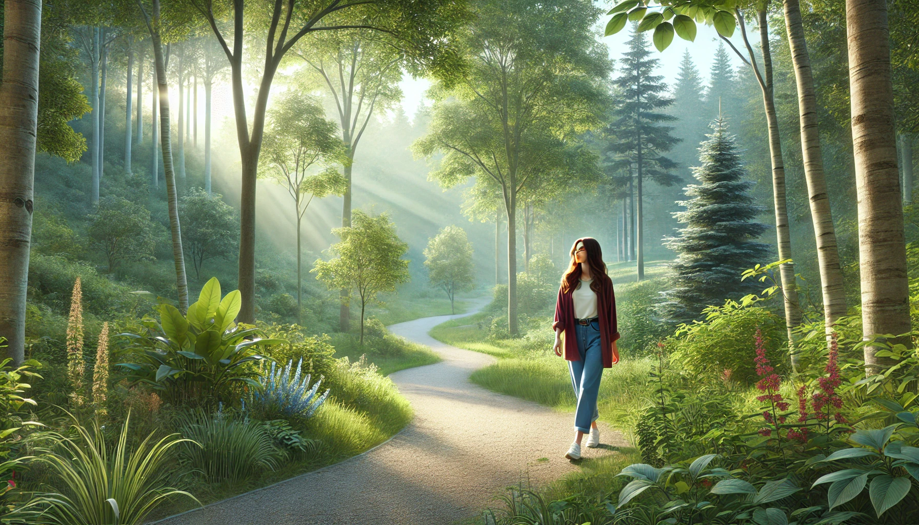 Illustration of a young woman walking along a dirt path in a serene natural setting, surrounded by lush greenery and soft sunlight filtering through the trees.