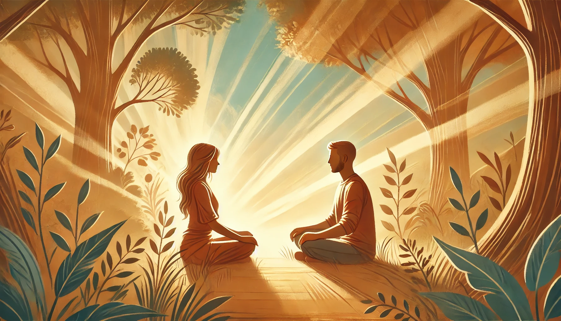 Illustration of two people sitting in a serene outdoor setting, engaging in a mindful and open conversation, surrounded by nature with sunlight filtering through trees.