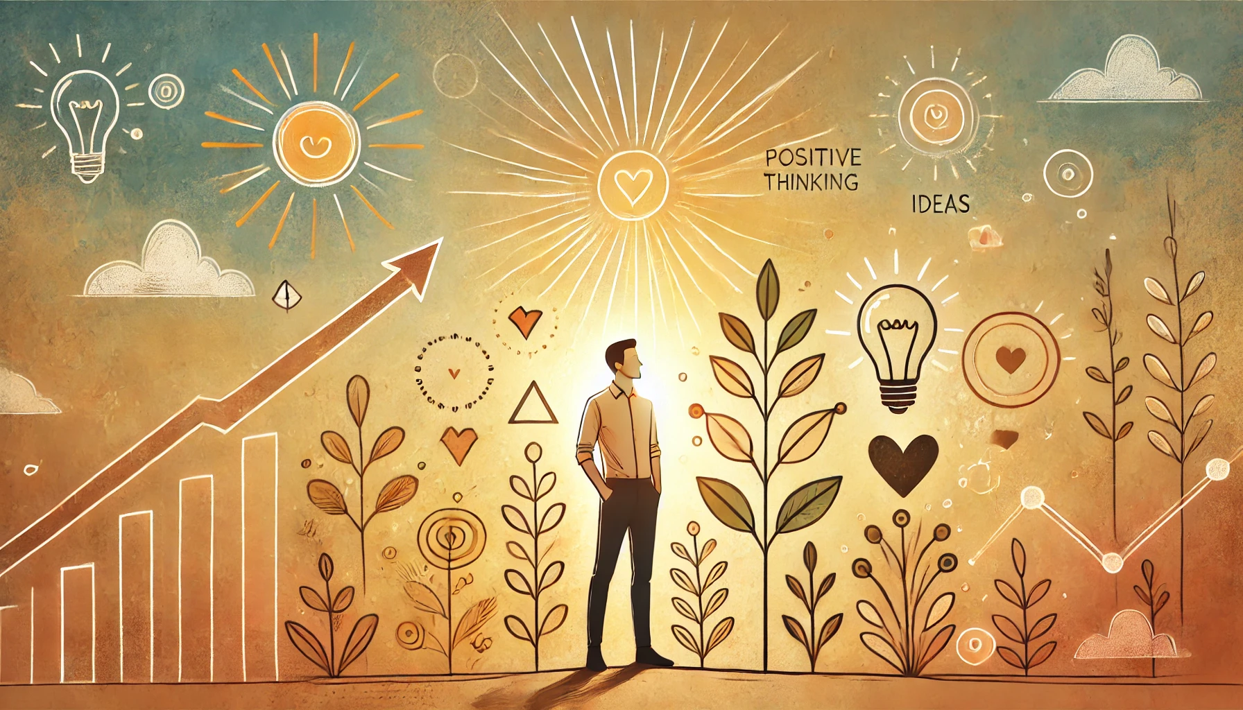 positive thinking (2) Illustration of a confident person with a positive expression, surrounded by symbols of growth, positivity, and personal development, including sunrises, upward arrows, hearts, and lightbulbs.