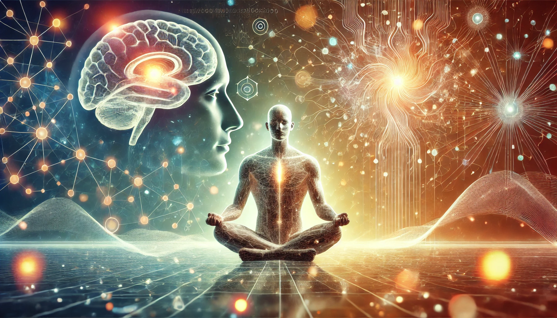 science behind meditation Illustration of a person meditating with glowing neural connections and light waves symbolizing the scientific effects of meditation on the brain and body.