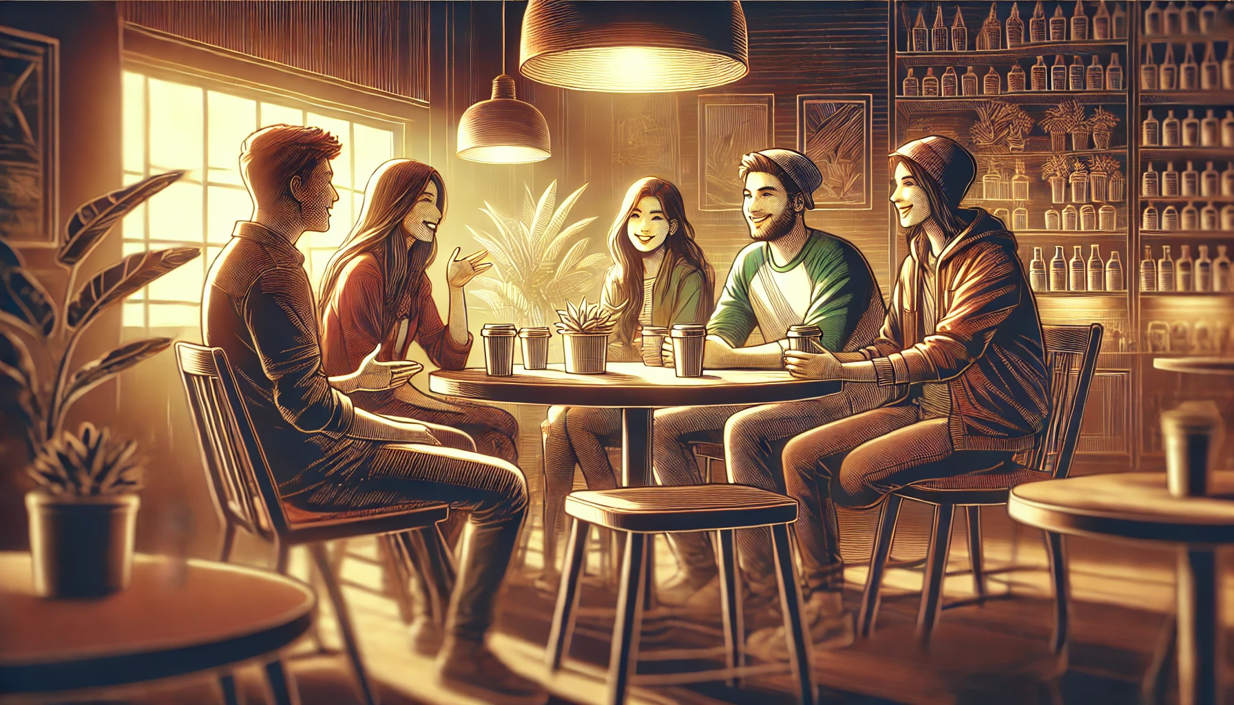 Illustration of a group of friends sitting together in a cozy coffee shop, engaged in warm conversation and enjoying each other's company.